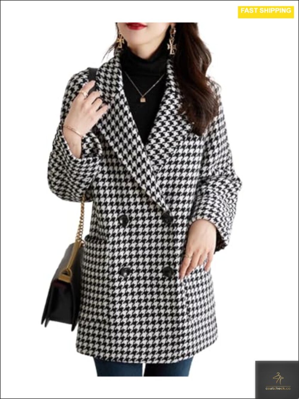 Women's Houndstooth Double Breasted Peacoat Blazer Jacket Notch Lapel Plaid